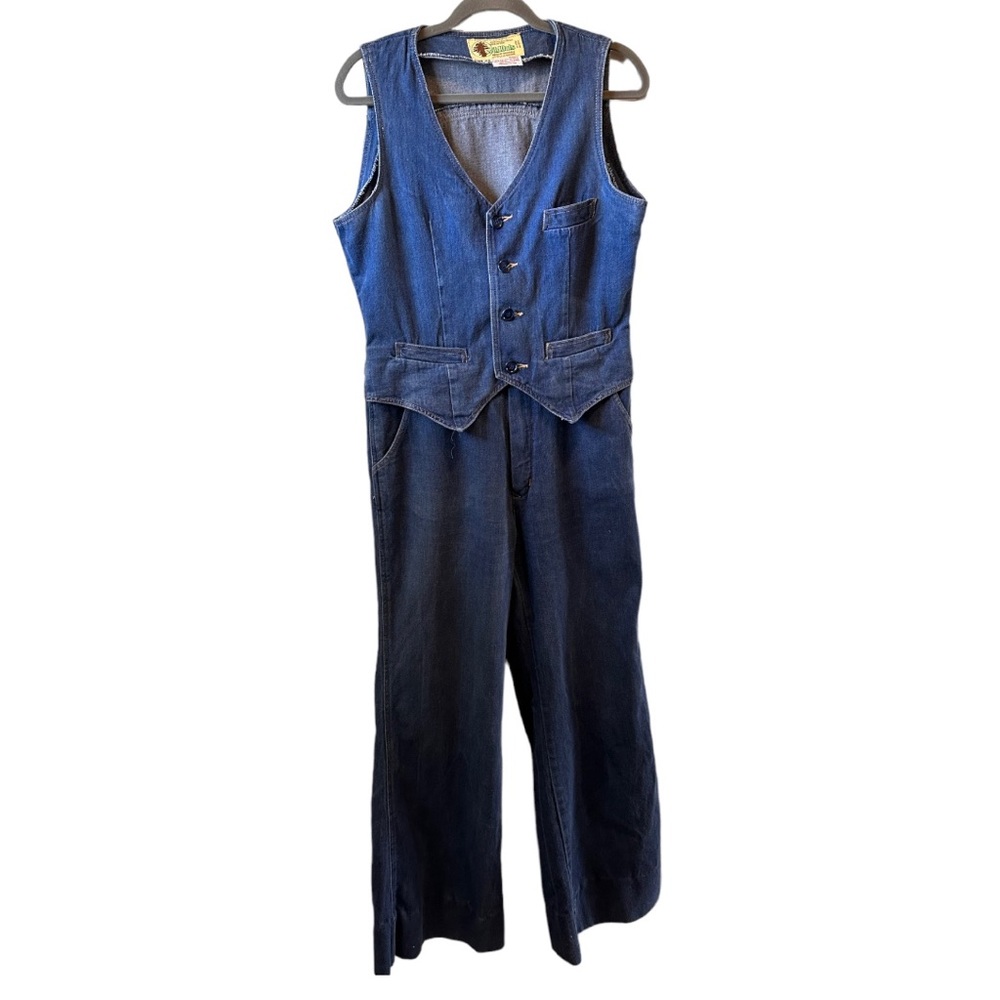 1970s Vintage Wild Oats Denim Sleeveless Jumpsuit Jeans Flare Leg Outfit L 42